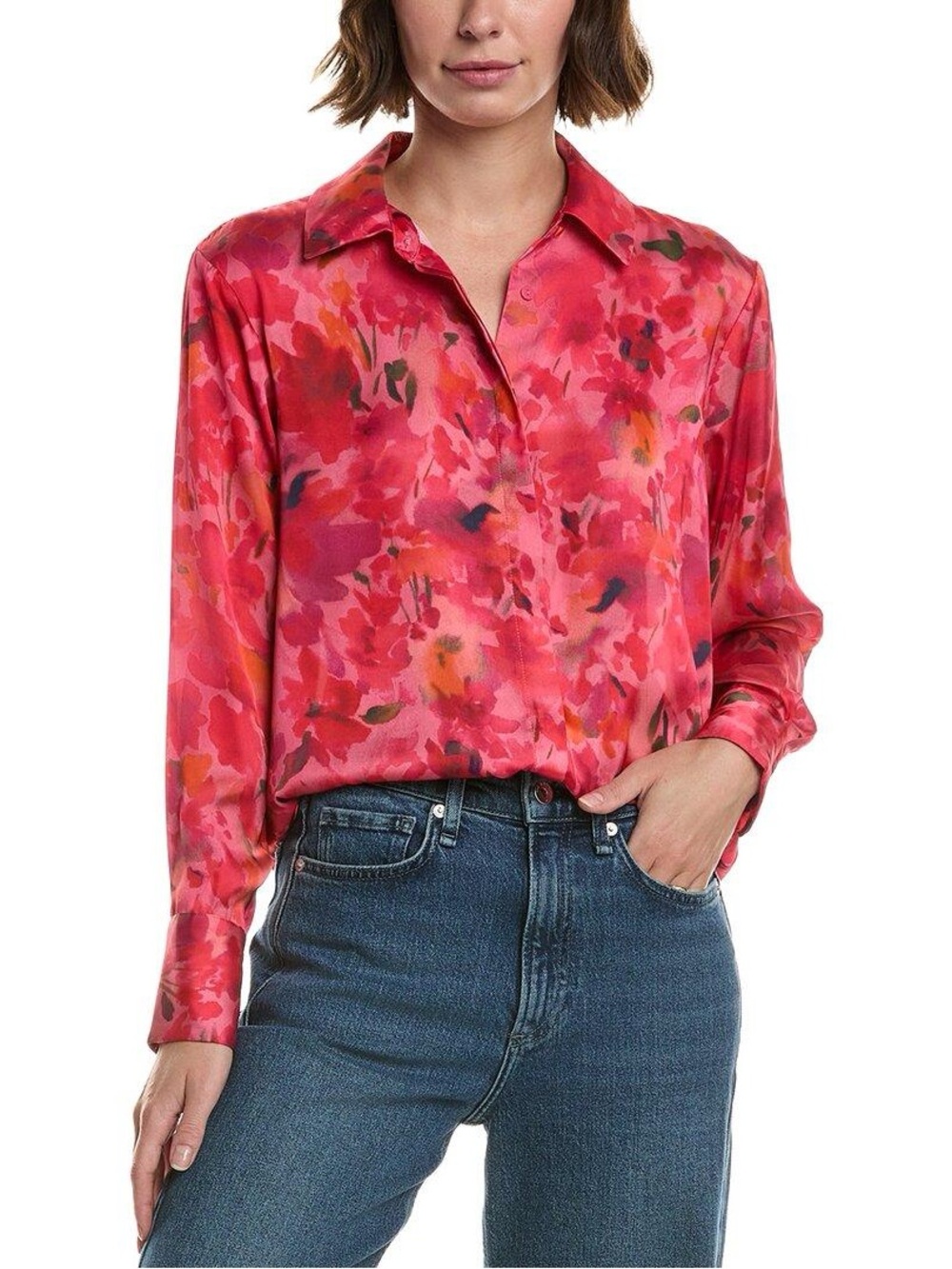 Zara Women’s XS Pink Floral Satin Button Down Blouse Watercolor Long Sleeve